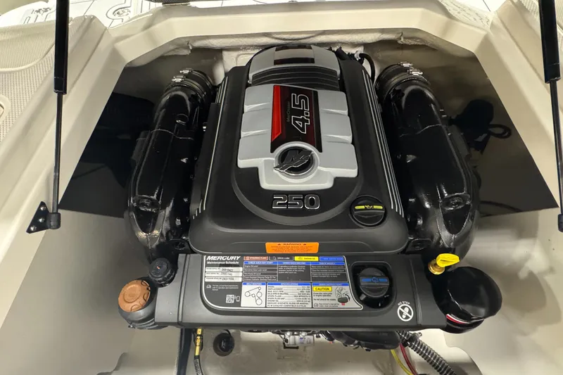 Slide: The Image of 2025 Chaparral 21 SSi boat engine, featuring a powerful Mercury 4.5L 250 horsepower motor. - 14