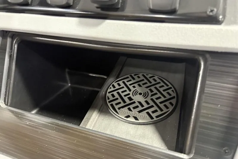 Slide: The Image of 2025 Godfrey Sweetwater 2286 SB console with integrated speaker and storage compartment. - 17