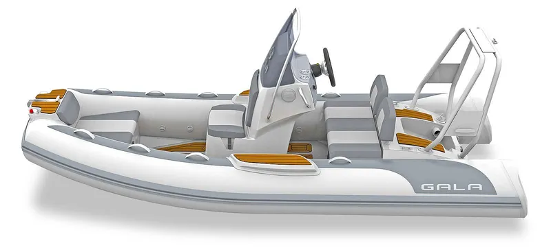 Slide: The Image of 2026 Gala V420 inflatable boat with sleek design, gray and white color scheme, and modern seating. - 11