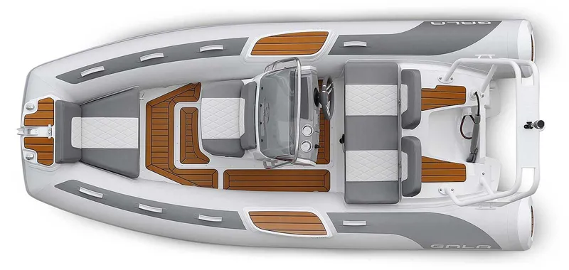 Slide: The Image of Top view of 2026 Gala V420 inflatable boat with sleek design and wood accents. - 12