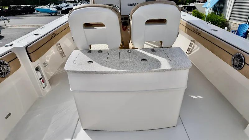 Slide: The Image of 2024 Sea Chaser 35 HFC Bluewater Series boat interior with seating and storage. - 30