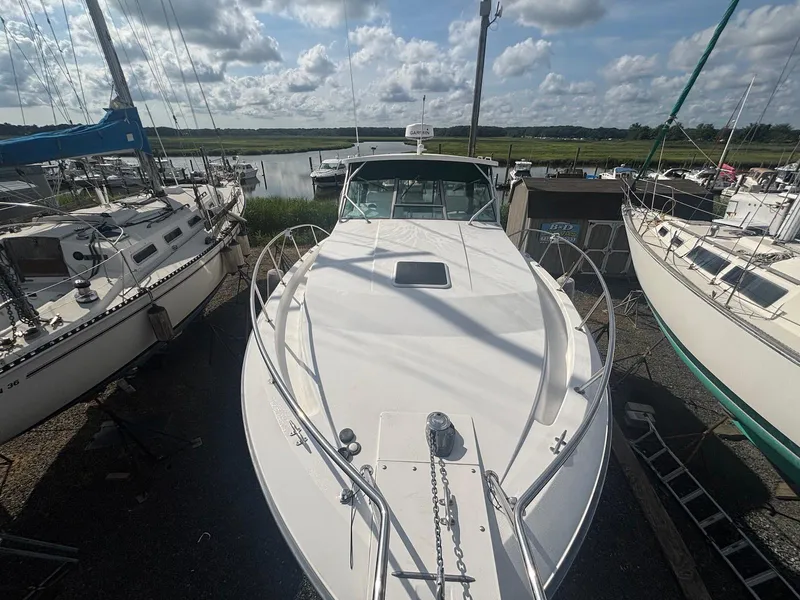 Slide: The Image of 1998 Wellcraft 330 Coastal boat docked, surrounded by sailboats, under a partly cloudy sky. - 6