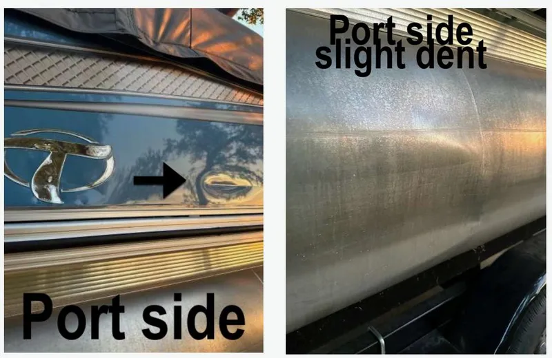 Slide: The Image of 2022 Tahoe Pontoon GT 2585 RF port side with slight dent visible. - 14