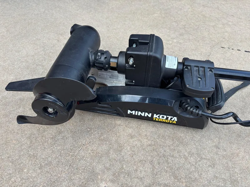 Slide: The Image of Minn Kota Terrova trolling motor on concrete surface, compatible with 2022 Tahoe Pontoon GT 2585 RF. - 24