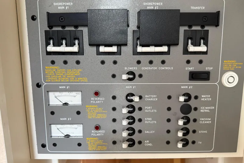 Slide: The Image of Electrical control panel of a 2003 Formula 37 PC boat with various switches and warnings. - 25
