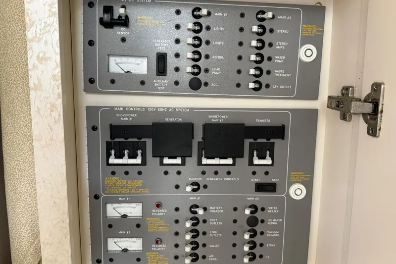 Slide: The Image of Electrical control panel on a 2003 Formula 37 PC boat, featuring switches and gauges. - 26