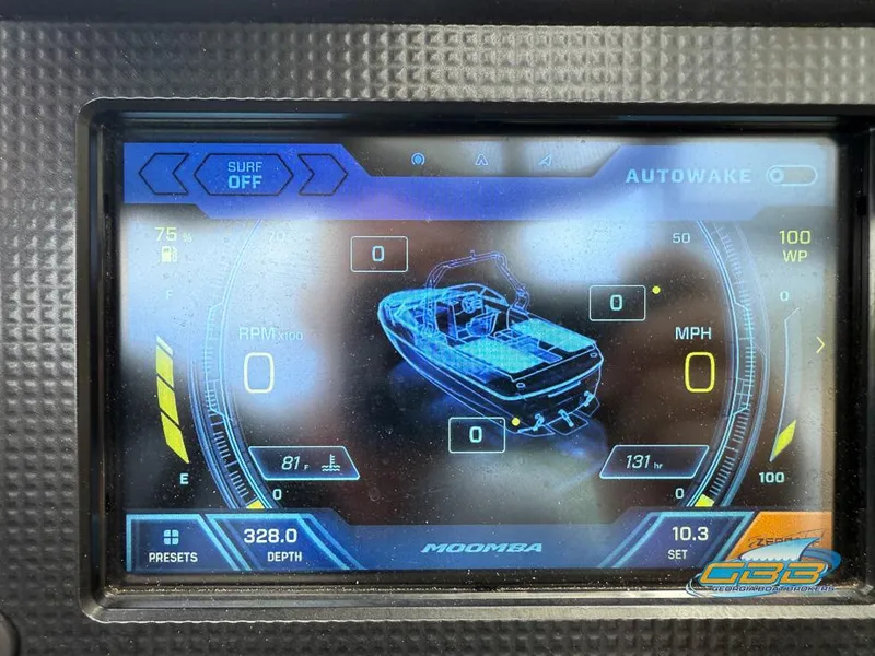 Slide: The Image of 2019 Moomba Craz boat dashboard display showing speed, RPM, and Autowake settings. - 28