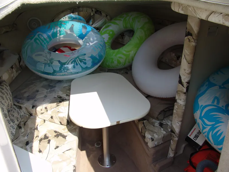 Slide: The Image of 2000 Sea Ray 215 Express Cruiser cabin with inflatable pool rings and a small table. - 15