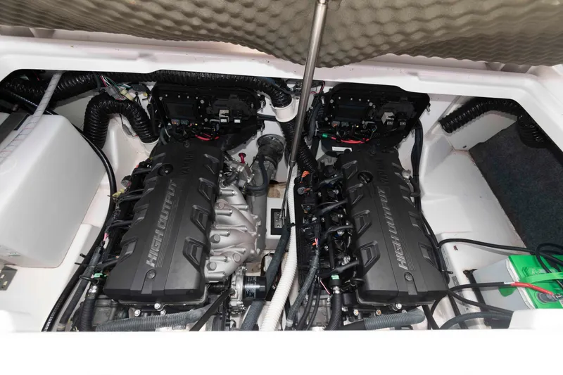 Slide: The Image of 2021 Yamaha Boats 252S engine compartment with dual high-output engines. - 11