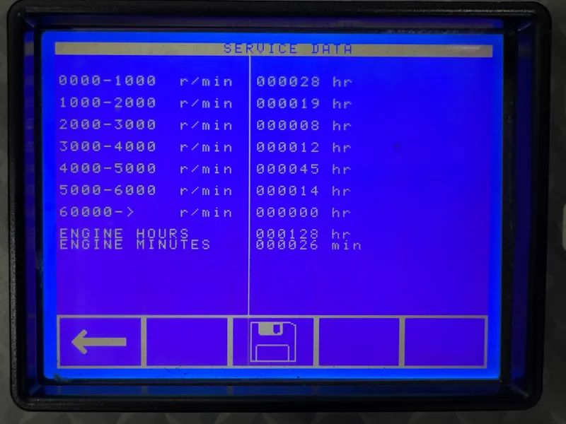 Slide: The Image of Display screen showing service data for 2018 Manitou 23 Aurora LE engine hours and RPM. - 13