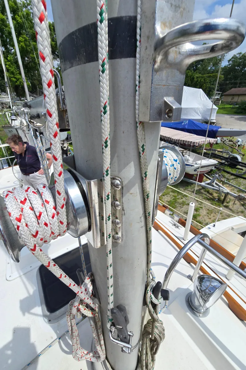 Slide: The Image of Close-up of a 1984 Bristol 31.1 sailboat mast with ropes and winches. - 37