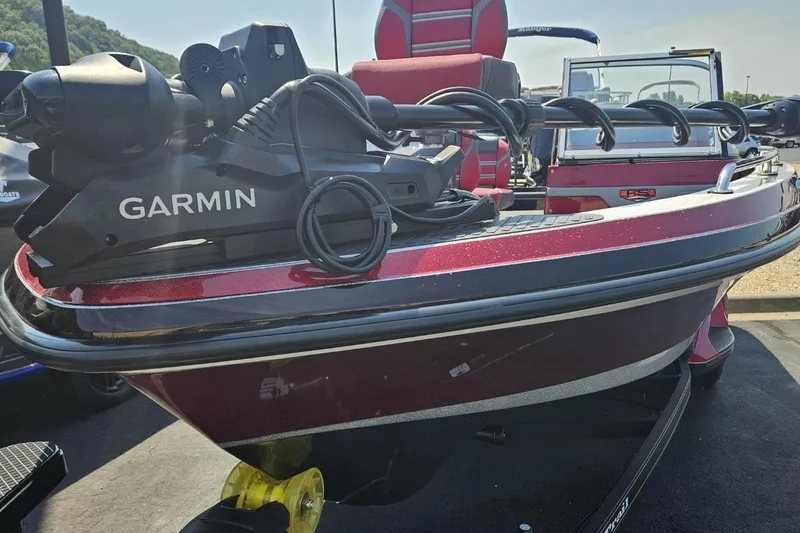 Slide: The Image of 2025 Ranger 620FS Cup Equipped boat with Garmin system, red and black design. - 4