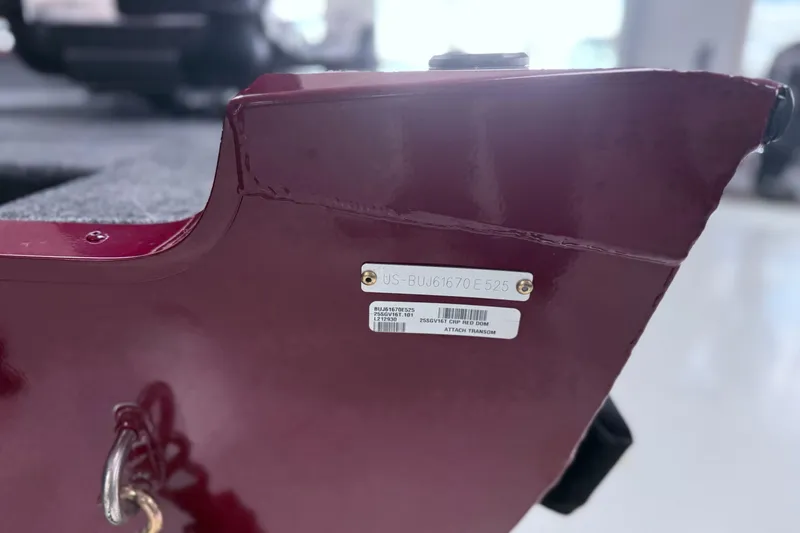 Slide: The Image of 2025 Tracker Super Guide V-16 T boat transom with identification plate. - 2