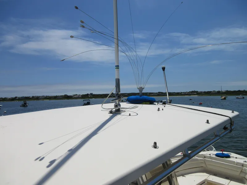 Slide: The Image of 2019 Grady-White Fisherman 236 boat on water, clear sky, antennas visible. - 18