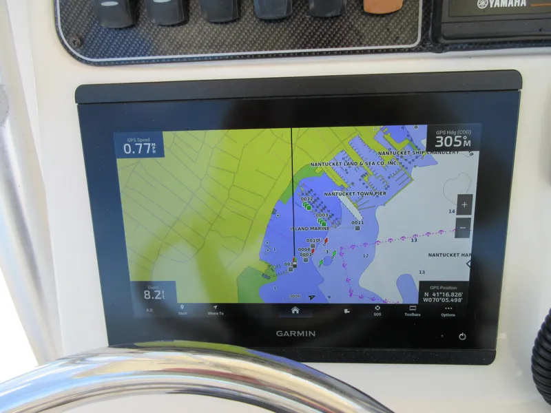 Slide: The Image of Garmin GPS display on 2019 Grady-White Fisherman 236, showing Nantucket Harbor map. - 23