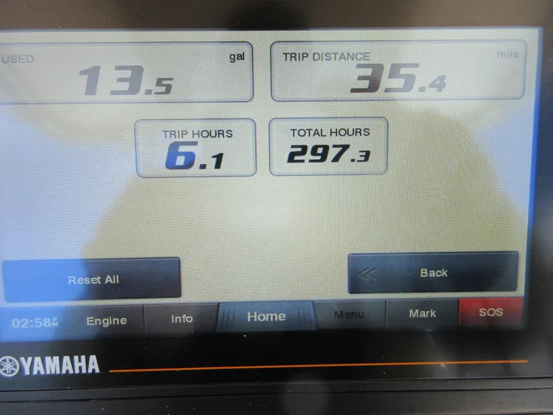 Slide: The Image of Yamaha display showing fuel usage, trip distance, and hours for 2019 Grady-White Fisherman 236. - 32