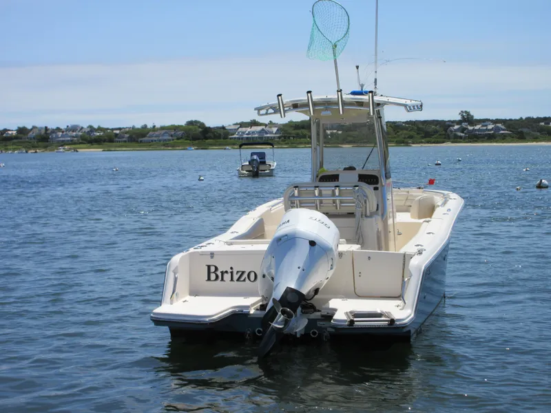 Slide: The Image of 2019 Grady-White Fisherman 236 boat on calm water, rear view with outboard motor. - 7