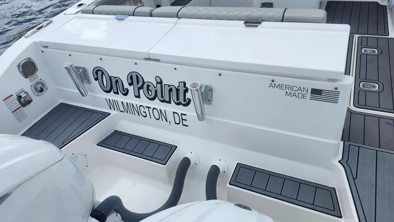 Slide: The Image of 2023 Pursuit OS 325 Offshore boat, "On Point," Wilmington, DE, American-made, sleek design. - 38