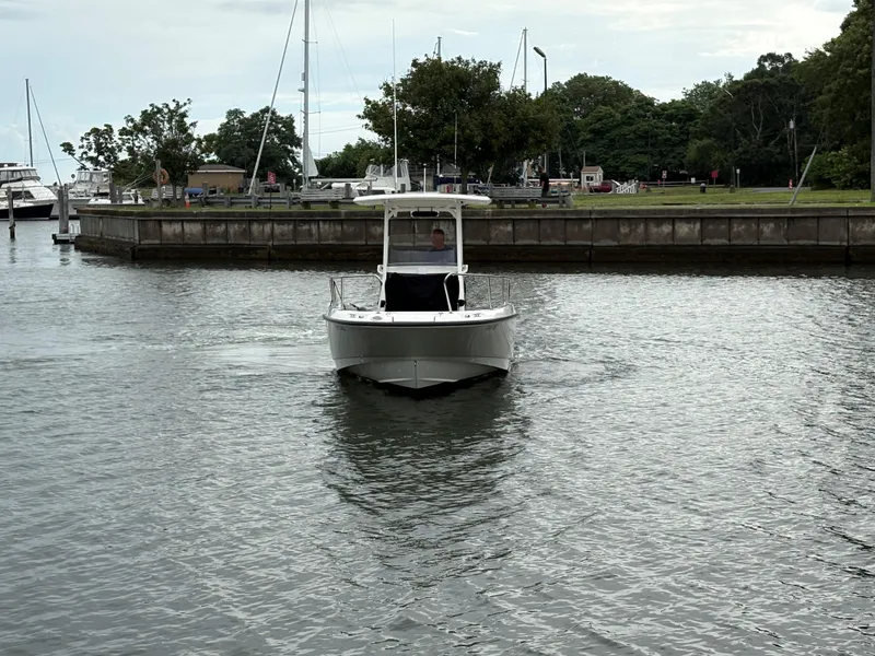 Slide: The Image of 2017 Boston Whaler 270 Dauntless boat navigating a calm marina with trees in the background. - 13