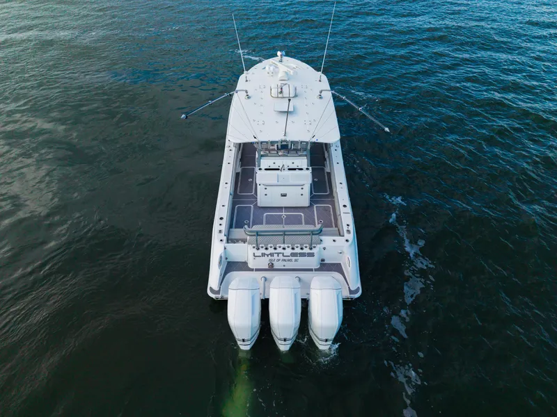Slide: The Image of Aerial view of 2023 HCB 42 Lujo boat on open water. - 18