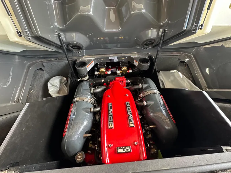 Slide: The Image of 2016 MasterCraft X23 engine compartment with Ilmor MV8 6.0 engine, showcasing powerful performance. - 25