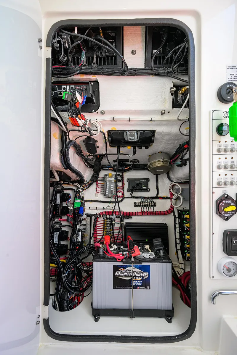 Slide: The Image of Electrical system of 2025 Contender 35 ST boat, showcasing wiring and components. - 46
