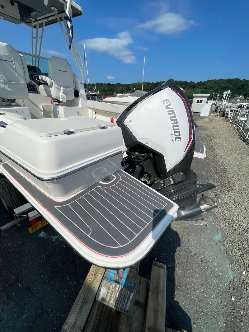 Slide: The Image of 2018 Striper 200 Walkaround boat with Evinrude engine, docked on a sunny day. - 4