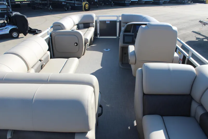 Slide: The Image of 2025 Sun Tracker Party Barge 22 RF DLX interior with spacious seating and modern design. - 7
