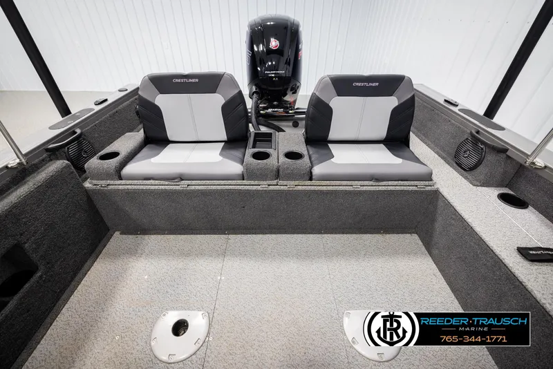 Slide: The Image of 2022 Crestliner 1850 FISHHAWK boat interior with dual seats and motor. - 26