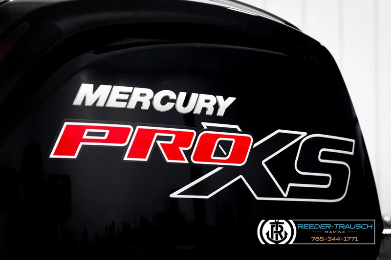 Slide: The Image of Mercury Pro XS engine on 2022 Crestliner 1850 Fishhawk boat, Reeder-Trausch Marine branding. - 45