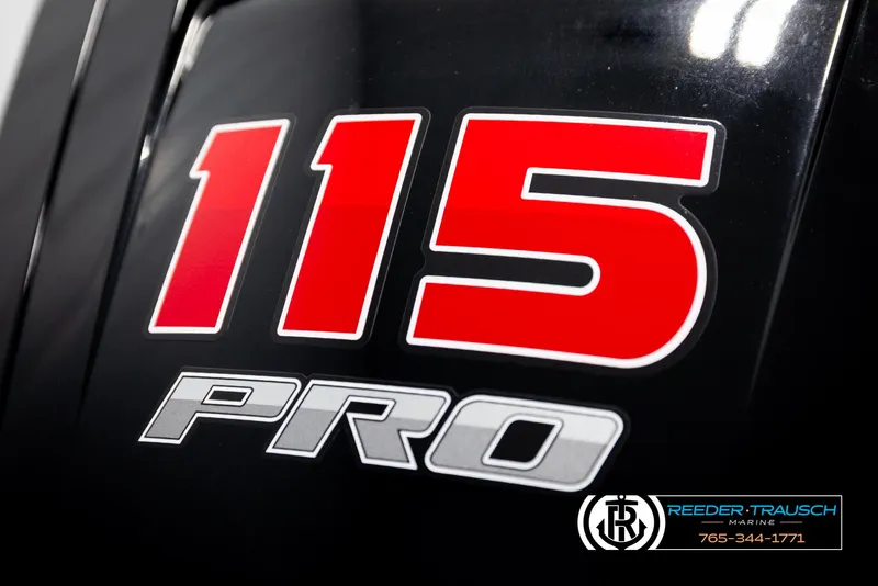 Slide: The Image of Close-up of 115 Pro logo on 2022 Crestliner 1850 FISHHAWK boat. - 46