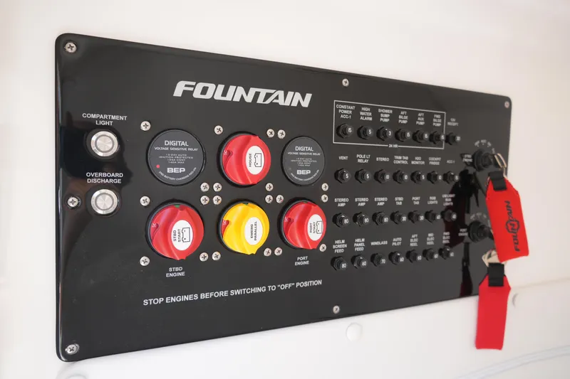 Slide: The Image of Control panel of a 2025 Fountain 32NX boat with switches and safety keys. - 24