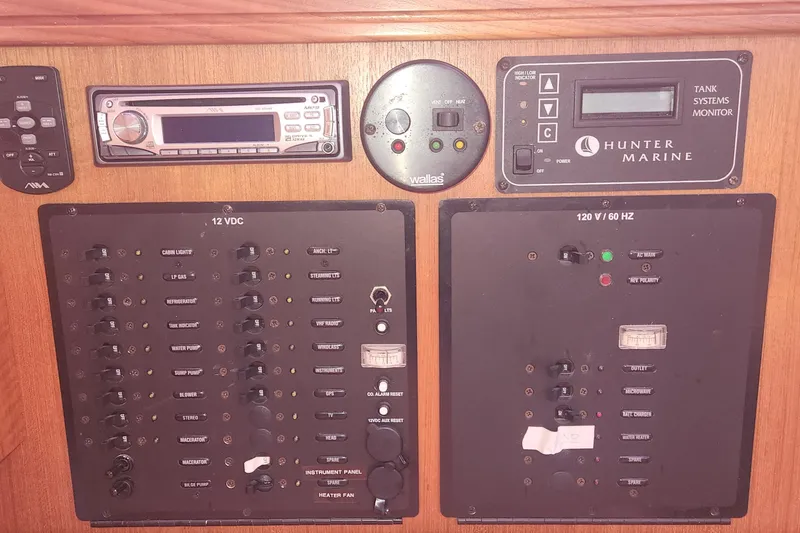 Slide: The Image of Control panel of a 2004 Hunter 36 yacht with various switches and monitors. - 21