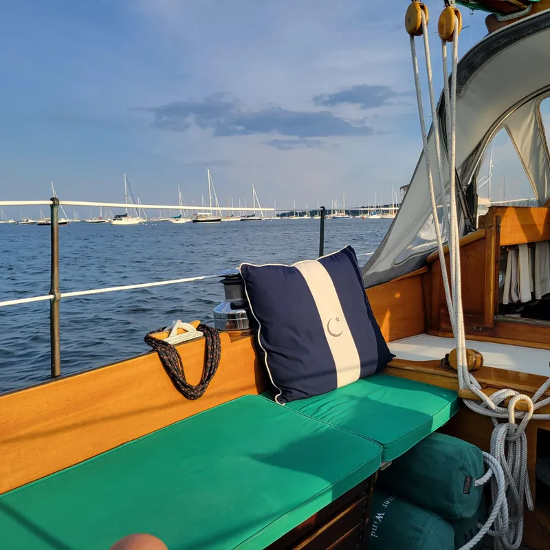 Slide: The Image of Vintage 1964 Concordia 39 sailboat interior with nautical decor and ocean view. - 49