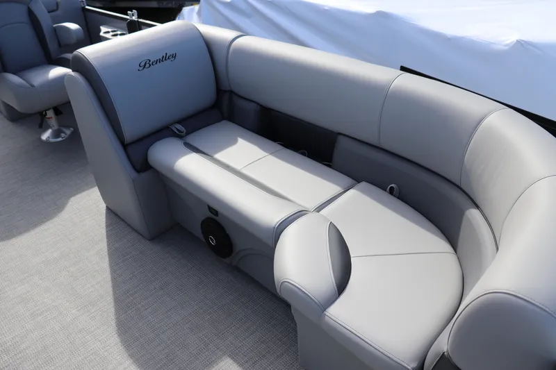 Slide: The Image of 2025 Bentley Pontoons 220 Navigator, luxurious gray seating, elegant design, spacious interior. - 3