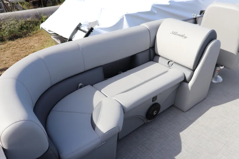 Slide: The Image of Luxurious seating on 2025 Bentley Pontoons 220 Navigator, featuring elegant gray upholstery. - 6