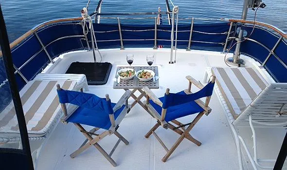 Slide: The Image of Deck of 1986 Sea Ranger 47 Pilothouse with chairs, table, and meals. - 6