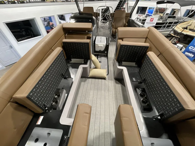 Slide: The Image of Interior of 2025 Balise Horizon 26C boat with tan seating and modern design. - 19