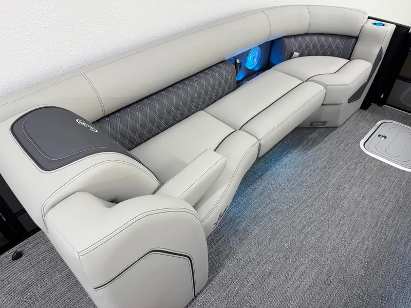 Slide: The Image of Luxurious seating in 2025 Barletta Lusso 25UC pontoon boat with elegant upholstery and ambient lighting. - 17
