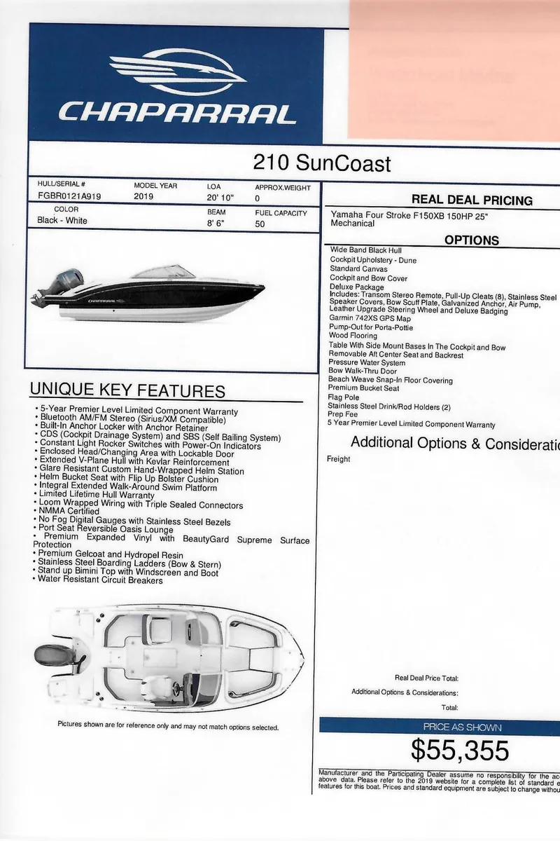 Slide: The Image of 2019 Chaparral 210 Suncoast boat brochure with features, pricing, and specifications. - 3