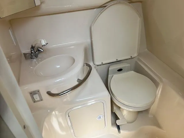 Slide: The Image of 1998 Sea Ray 290 Sundancer bathroom with sink, toilet, and storage cabinet. - 17