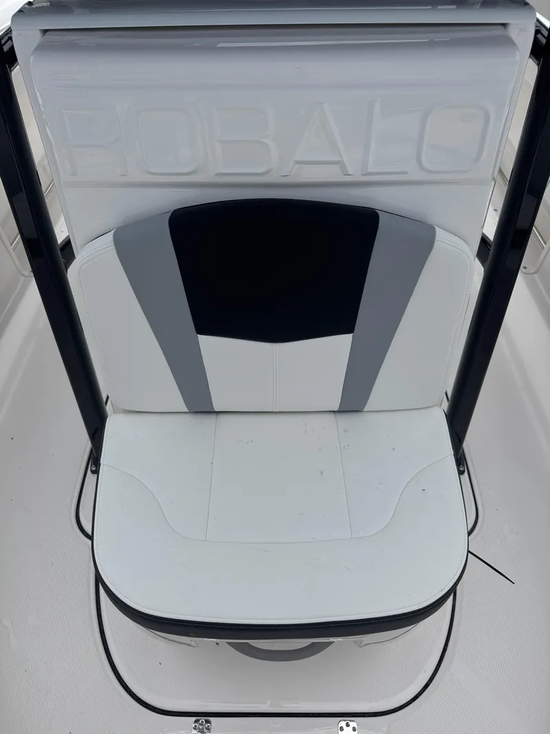 Slide: The Image of 2025 Robalo R222 Center Console seat with black and gray accents. - 22
