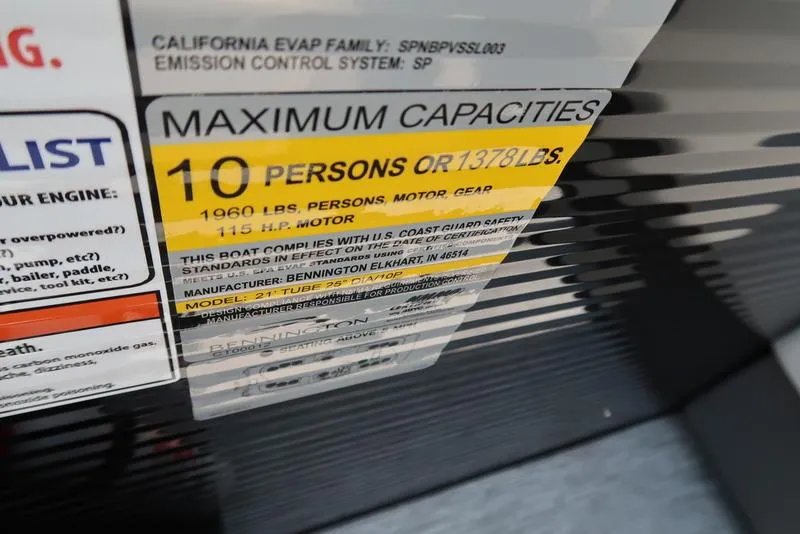 Slide: The Image of Capacity label on 2026 Bennington S Quad Bench 22 SSR, max 10 persons or 1378 lbs. - 34