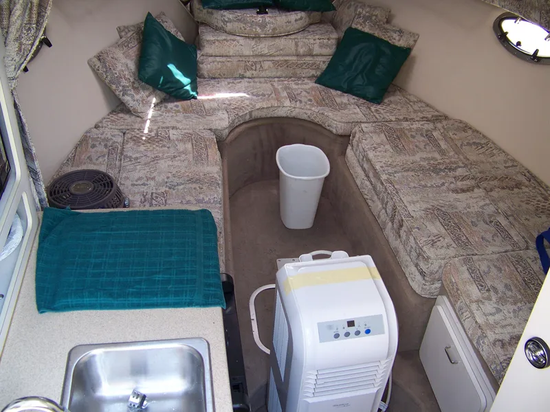 Slide: The Image of Interior of 1996 Crownline 250 CR boat with seating, sink, and dehumidifier. - 10