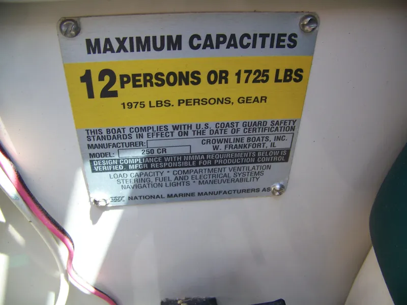 Slide: The Image of Capacity label for 1996 Crownline 250 CR, maximum 12 persons or 1725 lbs. - 9