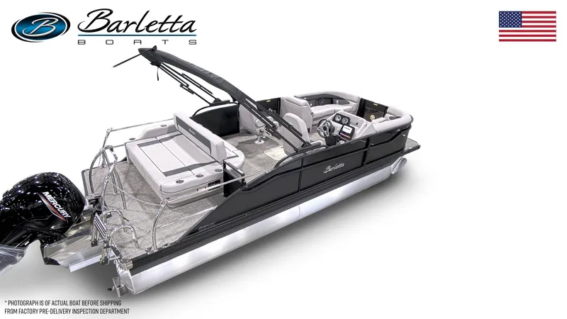 Slide: The Image of 2026 Barletta ARIA 22UC pontoon boat with Mercury engine, sleek design, and spacious seating. - 2