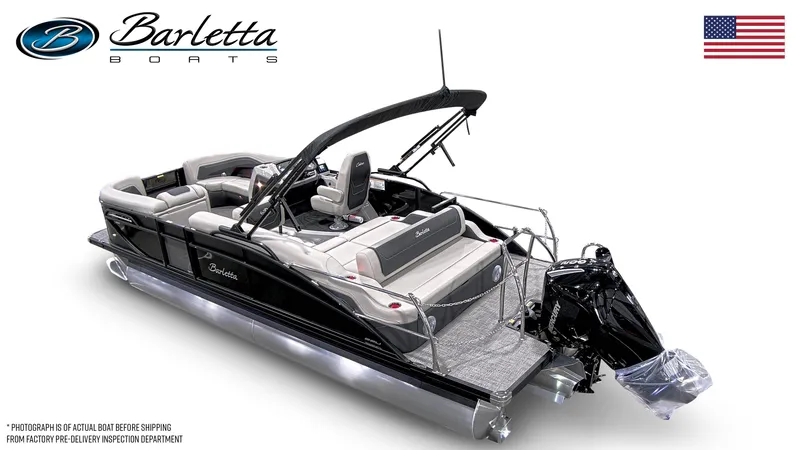 Slide: The Image of 2026 Barletta Cabrio 22U pontoon boat with sleek design and powerful outboard motor. - 1