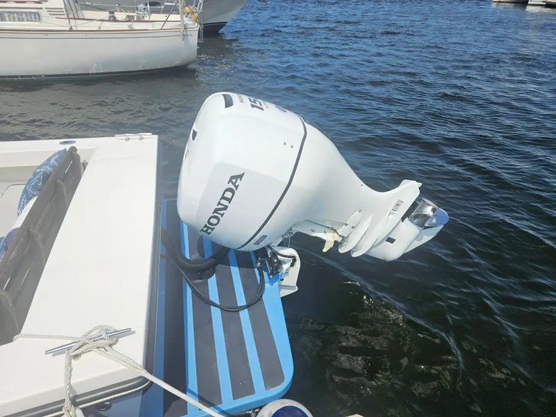 Slide: The Image of Outboard motor on 2019 Eastern 248 Explorer boat, docked on water. - 20