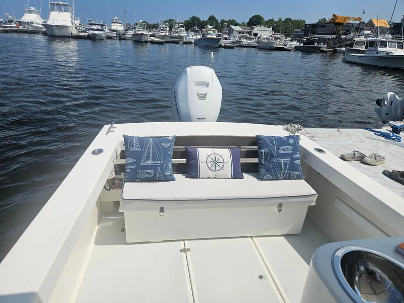 Slide: The Image of 2019 Eastern 248 Explorer boat interior with nautical-themed cushions, docked at a marina. - 34