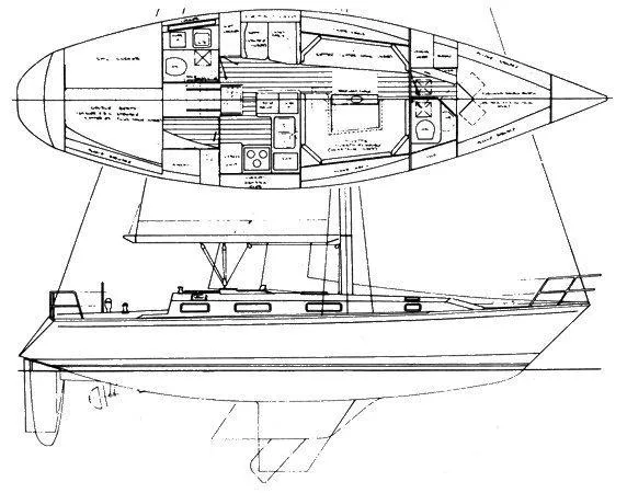 Slide: The Image of Blueprint of 1989 Pearson 39-2 sailboat, showing interior layout and side profile. - 24
